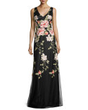 Sleeveless Floral Embroidered Tulle Gown, Black/Pink