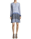 Long-Sleeve Tie-Neck Floral-Print Silk Dress, Blue/Multi