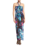 Tropical-Print Halter Maxi Dress Coverup