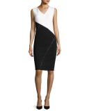 V-Neck Colorblocked Punto Milano Sheath Dress, White/Black
