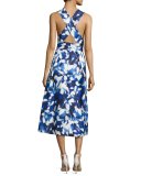 Elisa Pleated Floral Faille Midi Dress, Blue