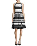 cape striped sateen dress, black/cream