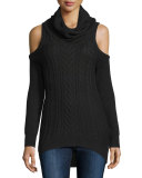 Cold-Shoulder Turtleneck Pullover Sweater, Black