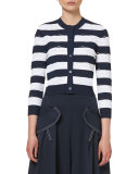 Nautical-Stripe 3/4-Sleeve Cardigan, Navy/White