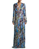 Long-Sleeve Printed Gown, Celeste/Muschio