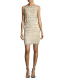 Sleeveless Beaded Cocktail Dress, Nude/Silver