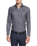 Geo-Print Cotton/Silk-Blend Sport Shirt, Blue Pattern