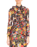 Psychedelic Lion Tie-Neck Blouse, Multi/Red 