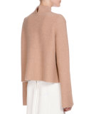 Long-Sleeve Mock-Neck Cropped Sweater, Camel/Off White