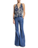 Sleeveless Shirred Floral Blouse, Birch/Denim