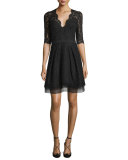 Half-Sleeve V-Neck Lace Cocktail Dress, Black