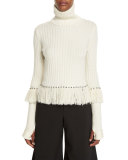 Studded & Fringed Turtleneck Sweater