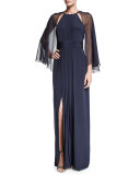 Pleated-Front Gown W/Cape, Navy