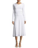 Long-Sleeve Cowl-Neck Cummerbund-Waist Dress, White