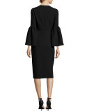 Bell-Sleeve Slit-Front Sheath Cocktail Dress, Black