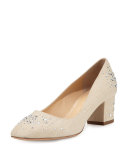 Low-Heel Jeweled Linen Pump, Natural