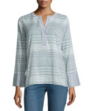 Long-Sleeve Split-Neck Striped Tunic, Champion Navy