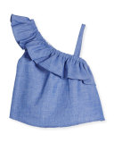 Ruffle-Trim Chambray Top, Blue, Size 8-16