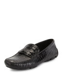 Croc-Embossed Leather Driving Loafer, Black