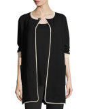 Contrast-Trim 3/4-Sleeve Long Jacket, Black/Multi