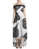 Off-the-Shoulder Bicolor Lace High-Low Gown, Ivory/Jet