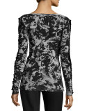 Bateau-Neck Rose-Print Sweater, Black/White 