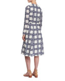 Windowpane Long-Sleeve V-Neck Dress, White/Navy