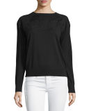 Long-Sleeve Lace-Trimmed Crewneck Sweater