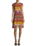 Ribbon-Print Cap-Sleeve A-Line Dress, Red/Multi