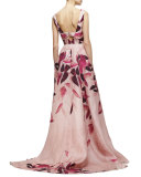 Sleeveless Leaf-Print Gazaar Gown, Fuchsia/Multi