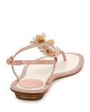 Floral-Embellished Crystal Thong Sandal, Nude