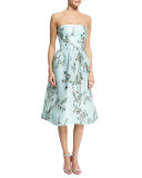 Strapless Bird-Print Fit-&-Flare Dress, Seafoam