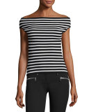 Striped Off-the-Shoulder Cap-Sleeve Sweater, Black/White