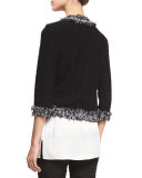 Fringe-Trim Boucle Knit Jacket, Caviar/Frost