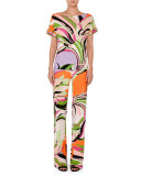 Printed Boat-Neck Boxy Tee, Pink/Green