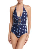 Drifter Paisley Lace-Up One-Piece Swimsuit, Indigo