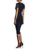 Short-Sleeve Dome-Studded Sheath Dress, New Navy