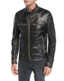 Landrake 2.0 Calfskin Leather Biker Jacket, Black