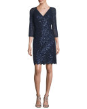 Sequin Lace V-Neck Sheath Dress, Navy 