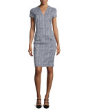 Short-Sleeve Glen-Check Sheath Dress, Blue/White
