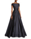 Off-the-Shoulder Pleated Ball Gown, Black