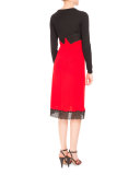 Long-Sleeve Cami-Overlay Cocktail Dress, Scarlet/Black