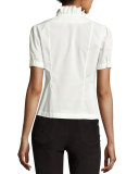 Ruffle-Neck Short-Sleeve Blouse, Blanc