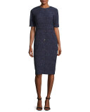 Printed Half-Sleeve Sheath Dress, Navy/Multi