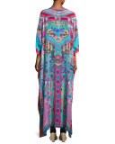Embellished Long Lace-Up Silk Caftan Coverup, Festival Friends