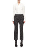 Mixed-Media Long-Sleeve Blouse, Cream