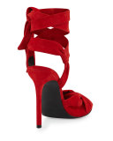 Delilah Suede Ankle-Wrap Sandal, Medium Red