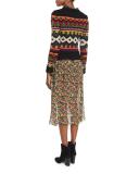 Long Ruffled Tie-Neck Floral-Print Silk Dress, Black/Multi