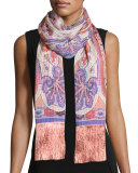 Dhely Paisley Silk Seersucker Fringe Scarf, Pink