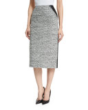 High-Waist Tweed/Leather Pencil Skirt, Black/Ivory